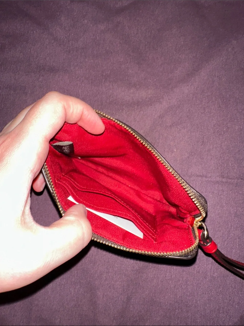 Coach Brown Signature Wristlet with Red Stripe